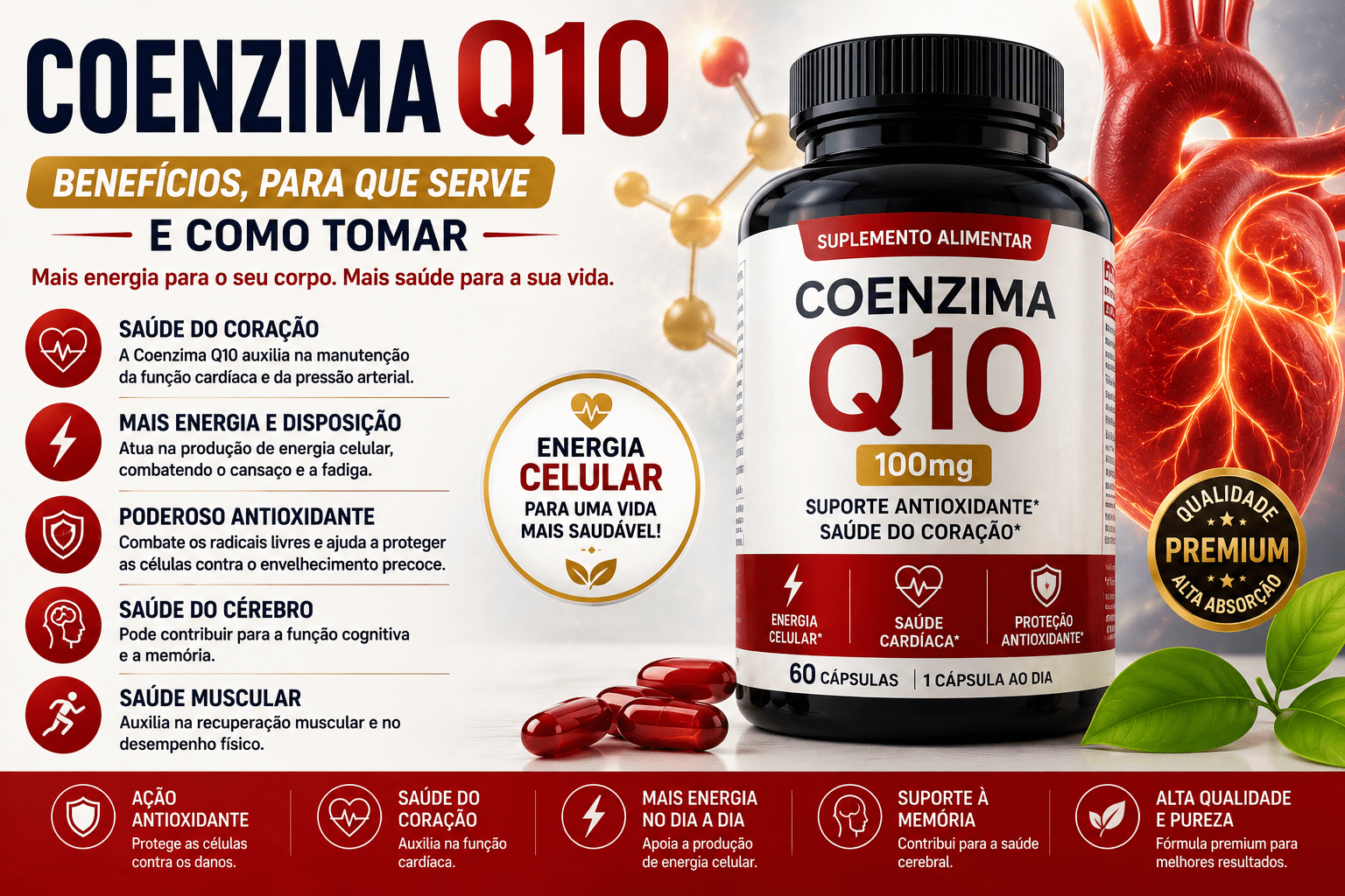 Suplemento de Coenzima Q10 utilizado para energia e saúde cardiovascular