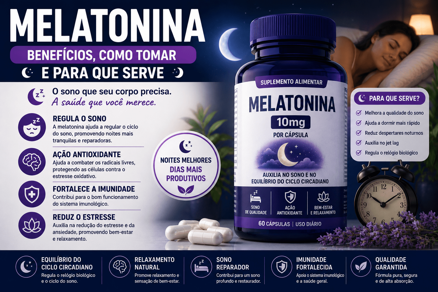 Suplemento de melatonina utilizado para auxiliar na qualidade do sono