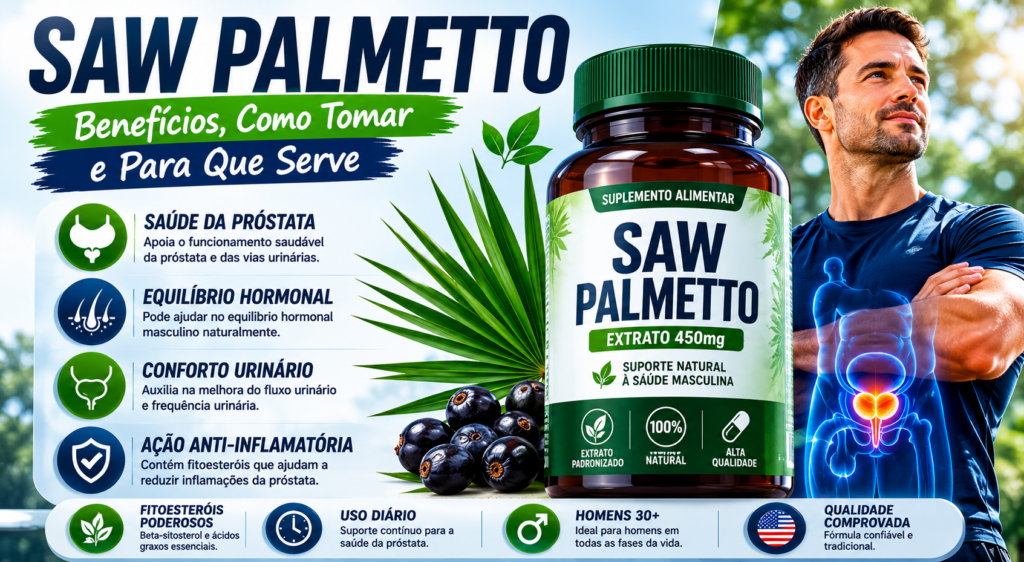 Suplemento Saw Palmetto utilizado para saúde masculina e cuidados capilares