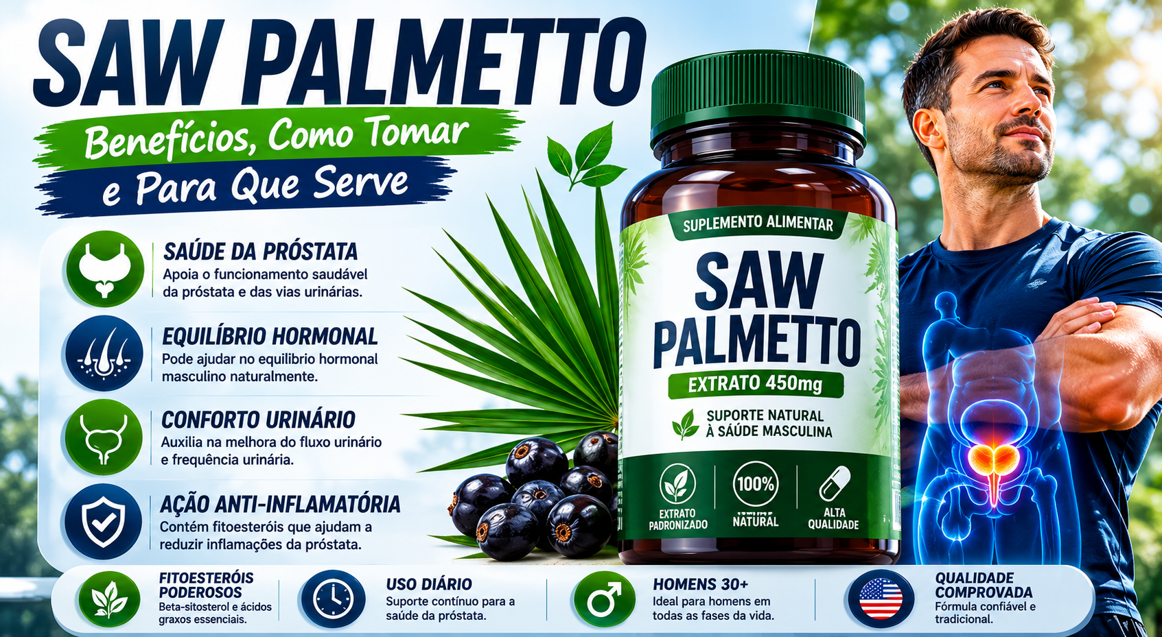 Suplemento Saw Palmetto utilizado para saúde masculina e cuidados capilares