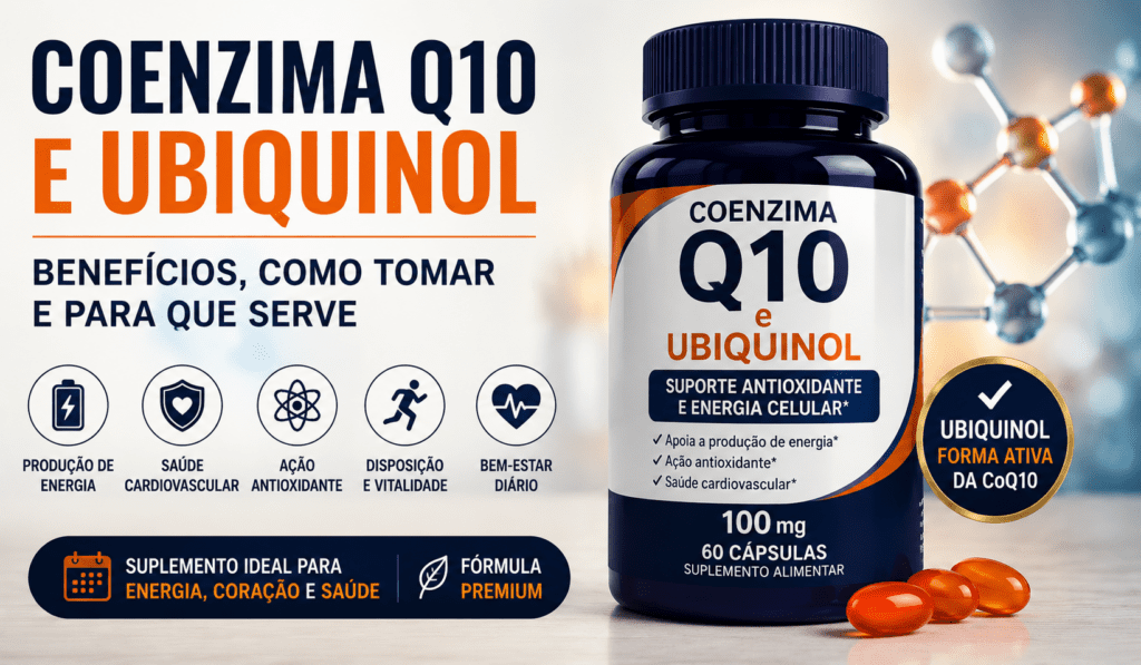 Suplemento de Coenzima Q10 e Ubiquinol utilizado para energia celular