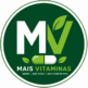 Logo Mais Vitaminas com ícone MV verde representando suplementos, saúde e bem-estar
