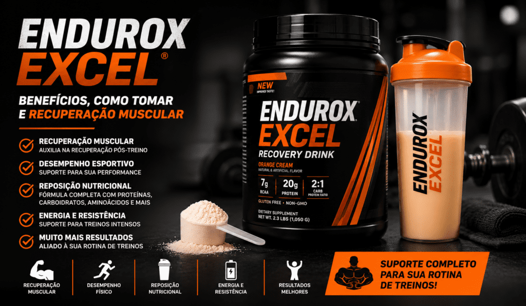 Suplemento Endurox Excel utilizado para recuperação muscular e pós-treino