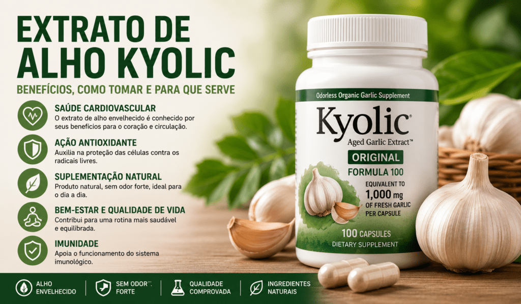 Suplemento de alho envelhecido Kyolic utilizado para suplementação natural