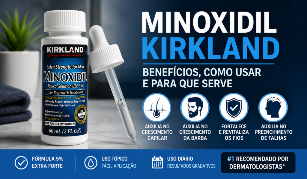 Frasco de Minoxidil Kirkland utilizado para barba e crescimento capilar