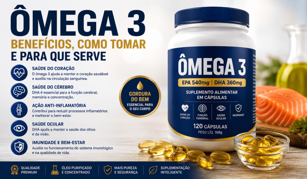 Suplemento de ômega 3 com benefícios para coração, cérebro e saúde geral