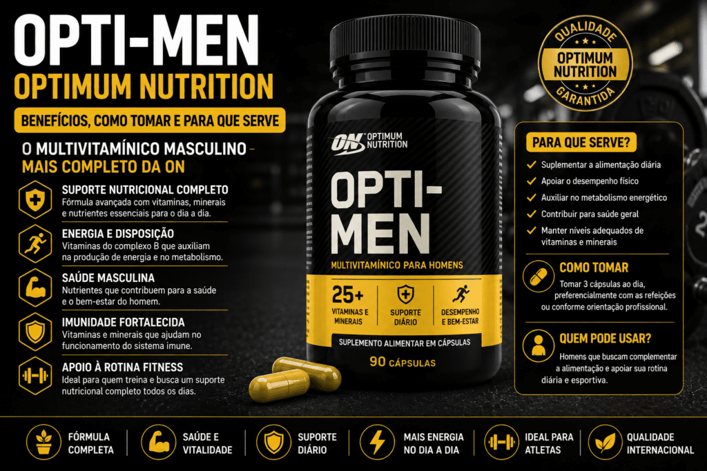 Multivitamínico Opti-Men Optimum Nutrition utilizado para suplementação masculina
