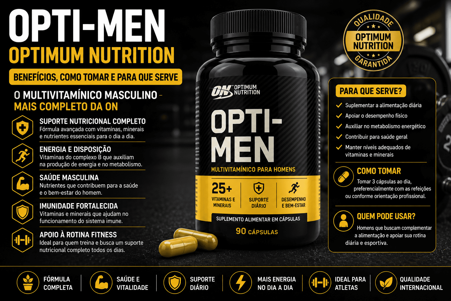 Multivitamínico Opti-Men Optimum Nutrition utilizado para suplementação masculina