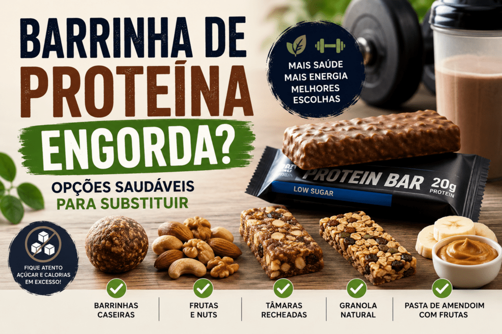 Barrinhas de proteína em um prato com frutas e nozes ao fundo