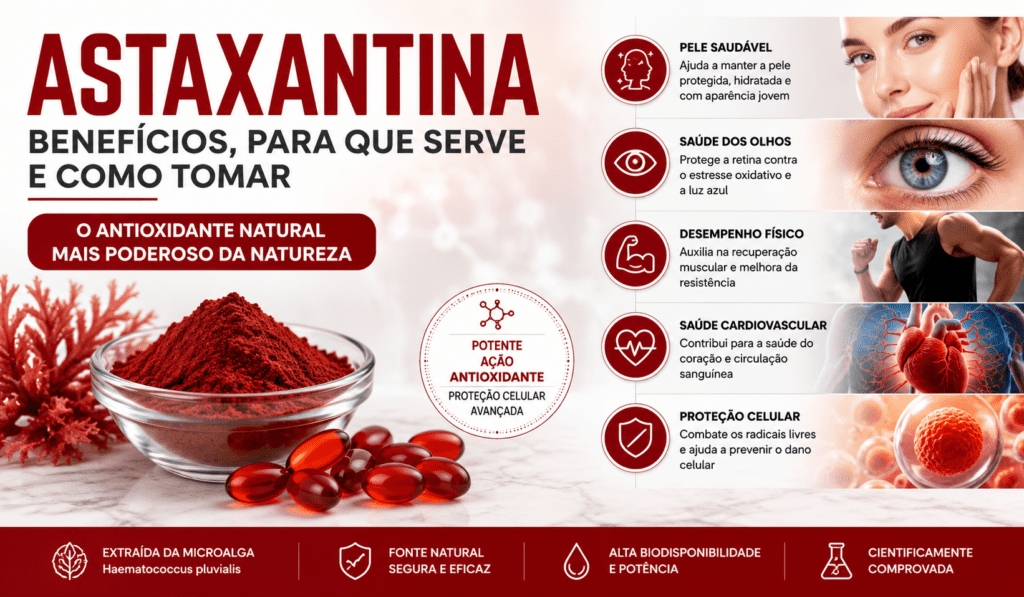Astaxantina suplemento antioxidante com benefícios para pele, olhos, músculos e saúde cardiovascular