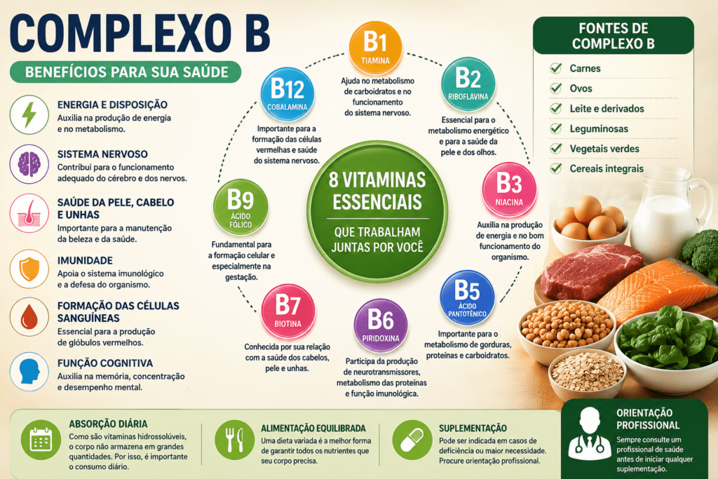 Vitaminas do complexo B e seus benefícios para energia, cabelo e sistema nervoso