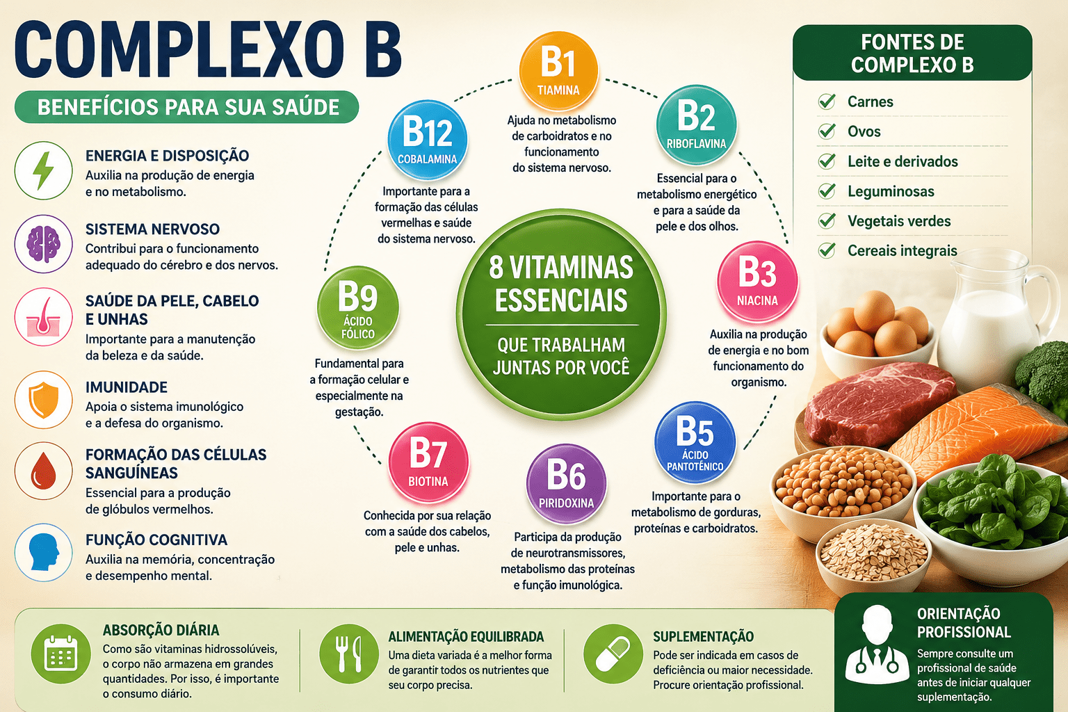 Vitaminas do complexo B e seus benefícios para energia, cabelo e sistema nervoso