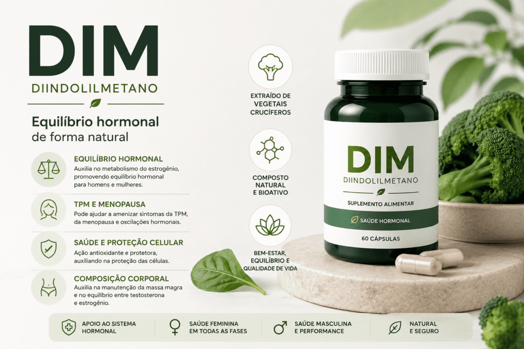DIM suplemento para equilíbrio hormonal, metabolismo do estrogênio e saúde hormonal