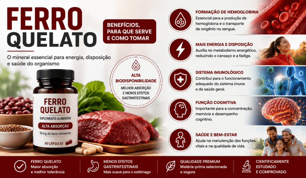 Ferro quelato suplemento mineral com benefícios para energia, formação da hemoglobina e saúde do organismo