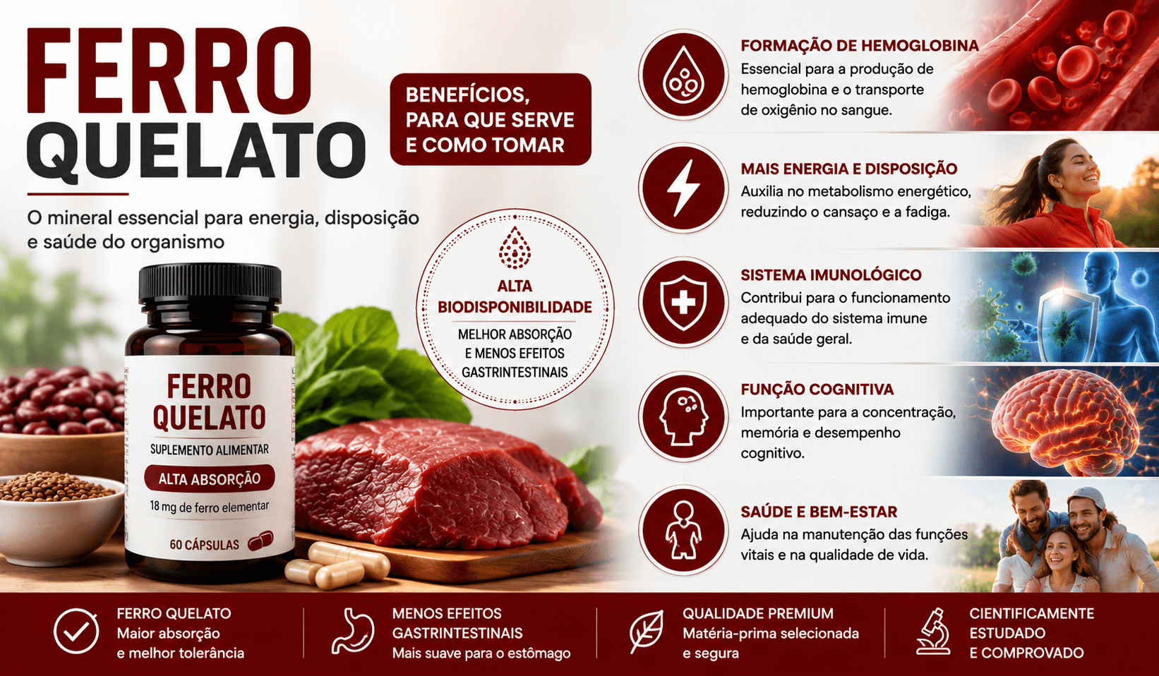 Ferro quelato suplemento mineral com benefícios para energia, formação da hemoglobina e saúde do organismo