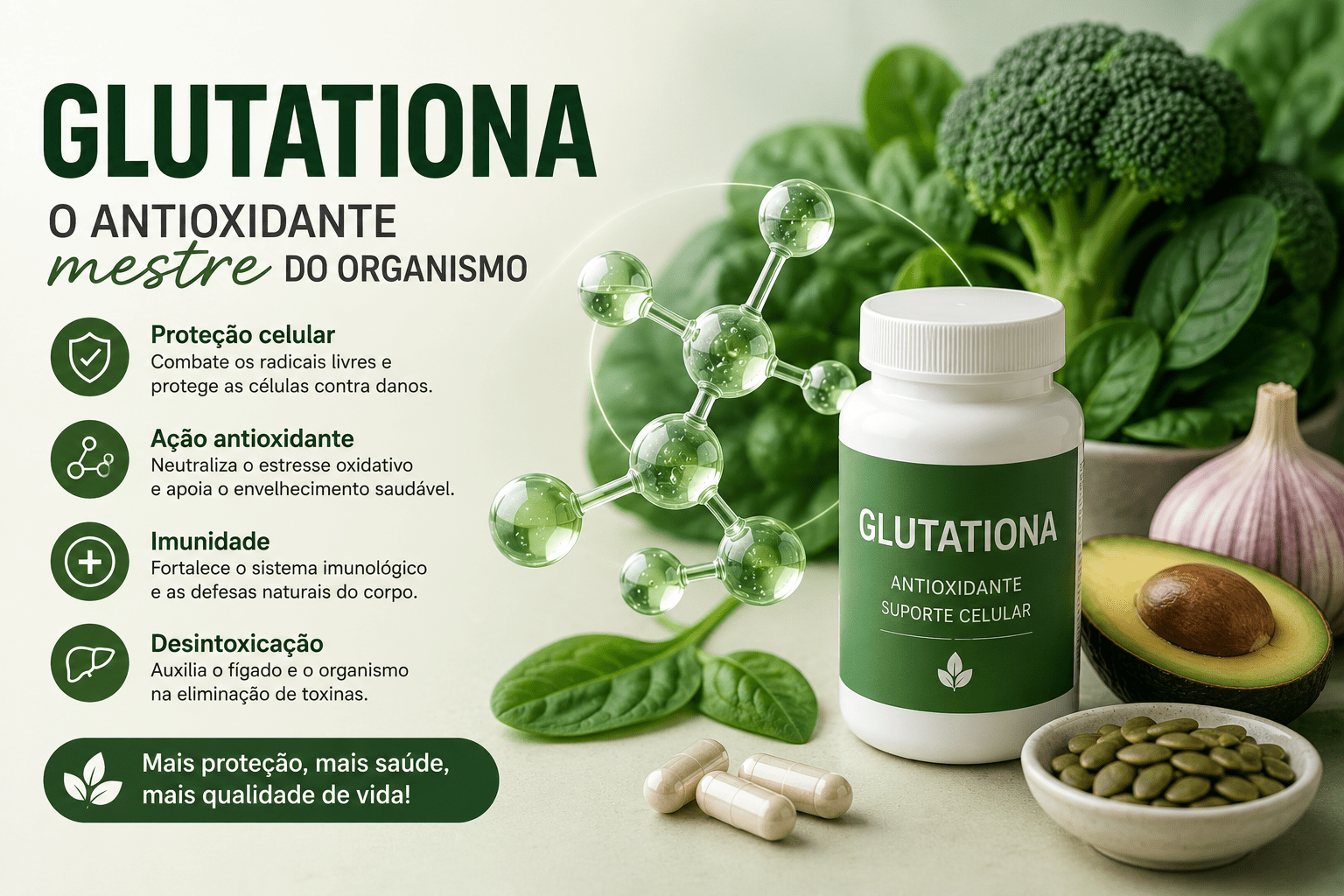 Glutationa antioxidante para proteção celular, imunidade e envelhecimento saudável