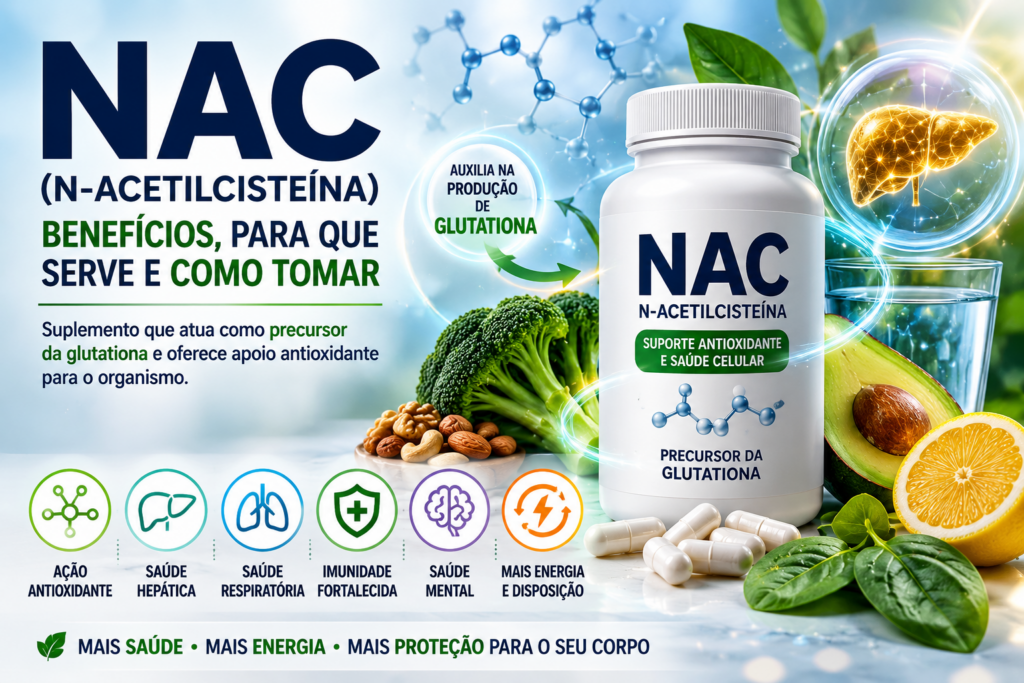 NAC N-acetilcisteína e seus benefícios para glutationa, antioxidantes e saúde hepática