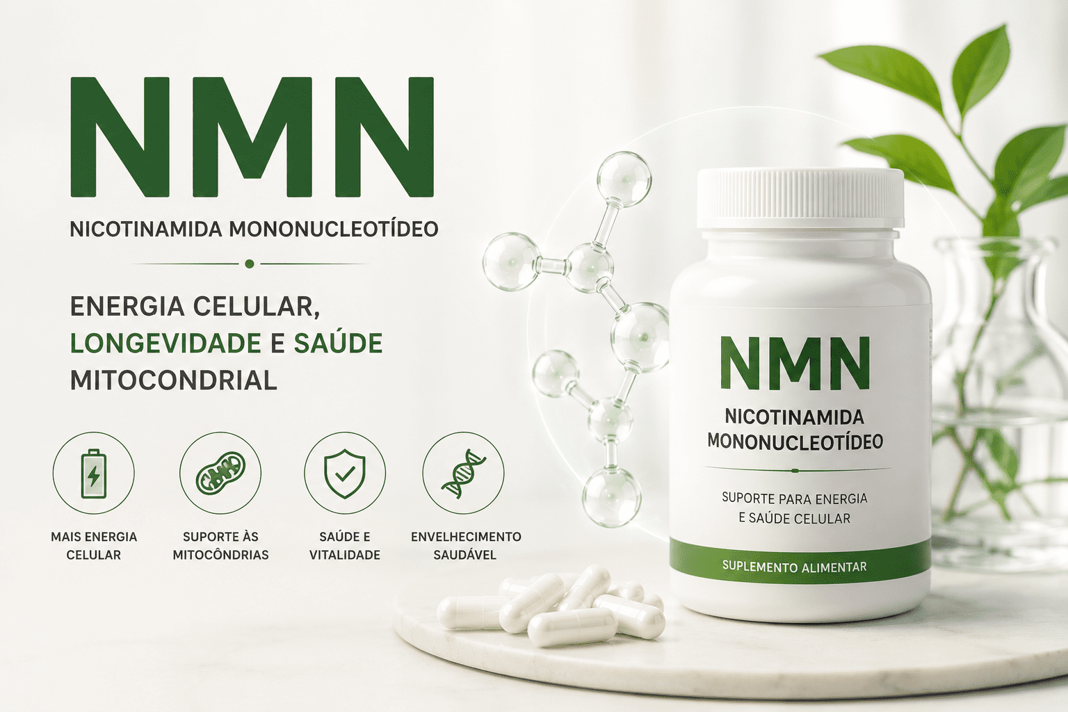 NMN suplemento para energia celular, NAD+, longevidade e saúde mitocondrial