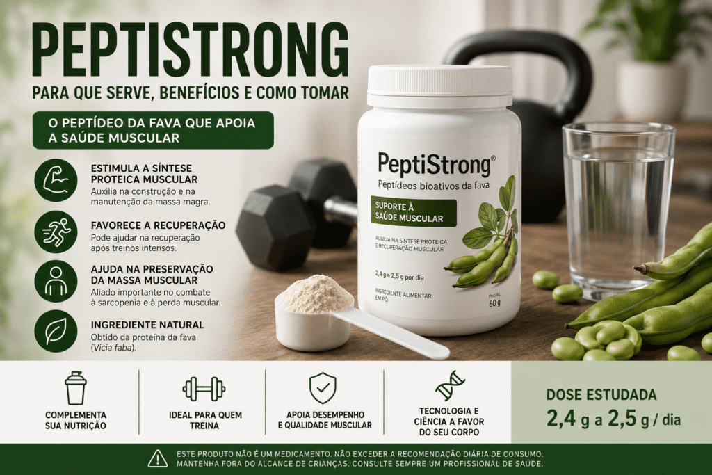 PeptiStrong suplemento com peptídeos bioativos da fava para auxiliar na síntese proteica, recuperação muscular e manutenção da massa magra
