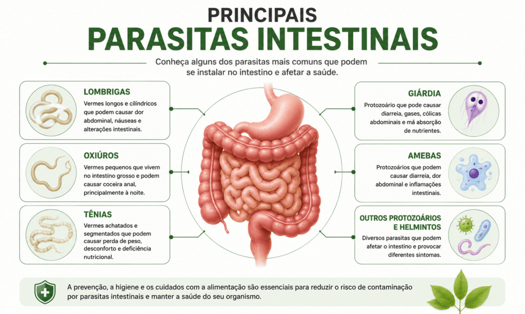 Principais parasitas intestinais como lombrigas, oxiúros, tênias, giárdia, amebas e outros protozoários e helmintos