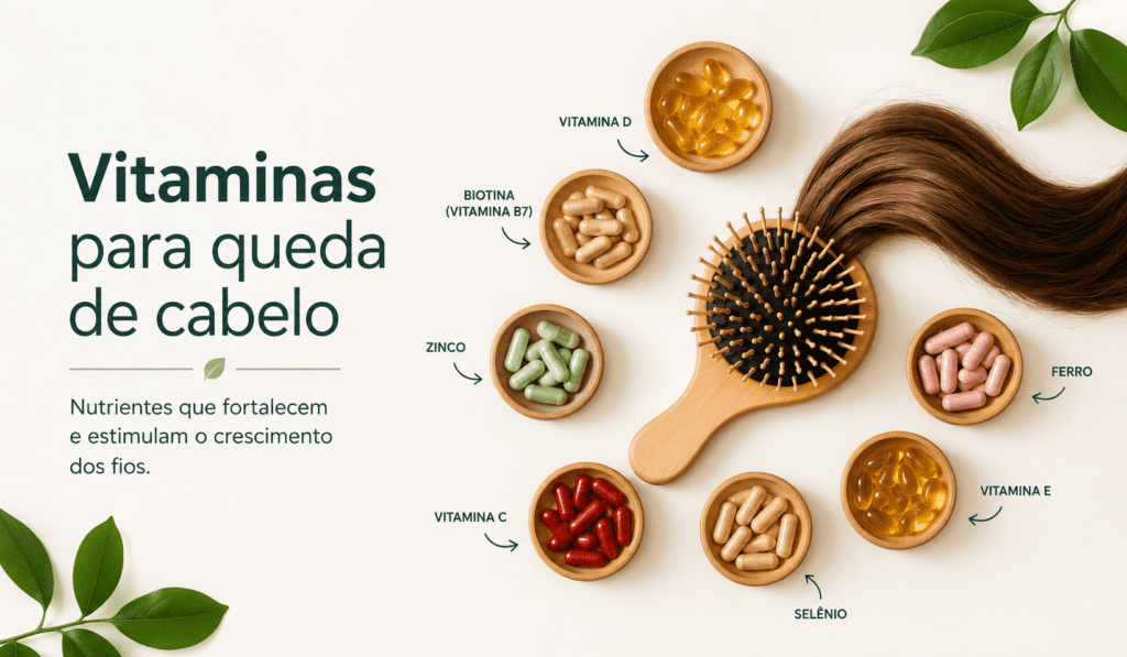 Vitaminas para queda de cabelo como biotina, vitamina D, ferro e zinco