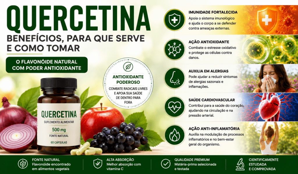 Quercetina suplemento antioxidante com benefícios para imunidade, alergias e proteção celular