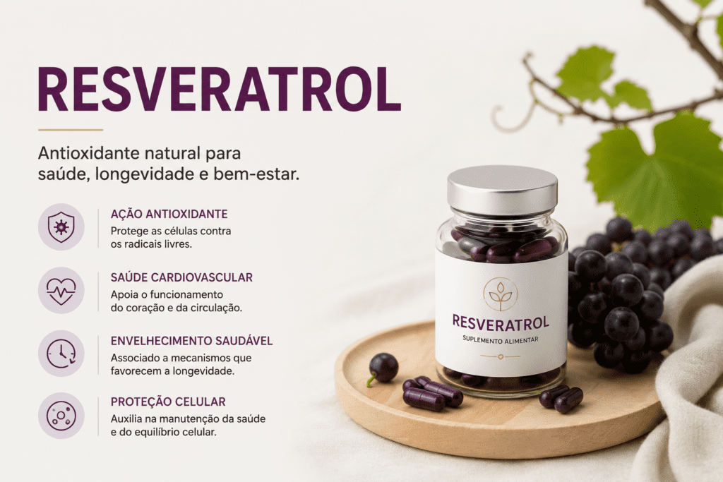 Resveratrol antioxidante para saúde cardiovascular, proteção celular e longevidade
