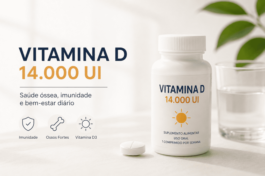 Vitamina D 14.000 UI utilizada para reposição e manutenção dos níveis de vitamina D