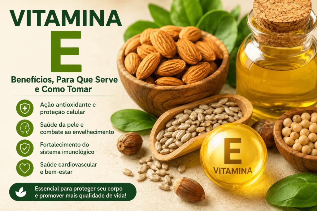 Vitamina E antioxidante para saúde da pele, proteção celular e imunidade